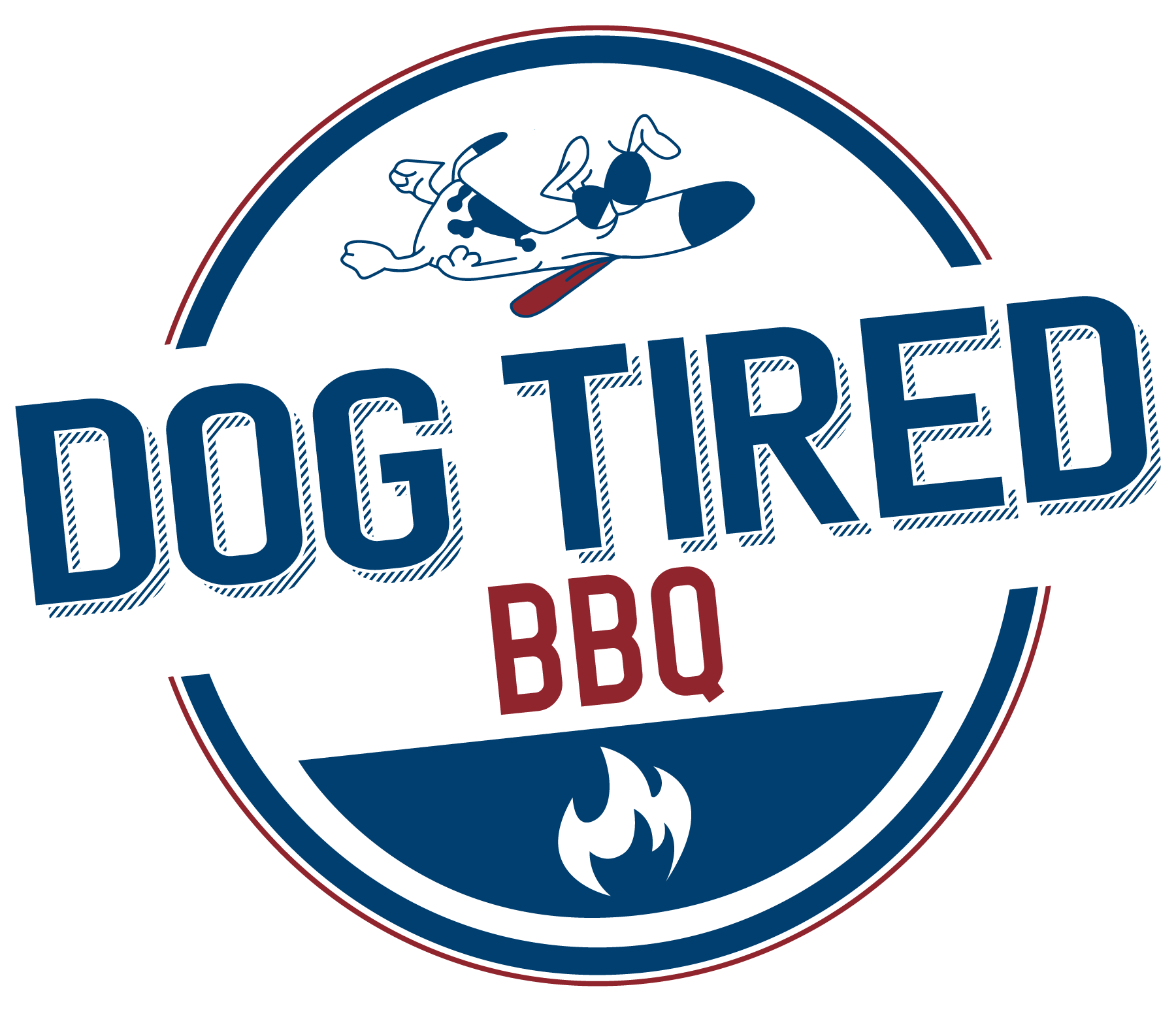 Dog Tired BBQ logo with a tired cartoon dog and flame